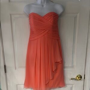 David's Bridal coral color Asymmetrical Ruched Strapless Dress
